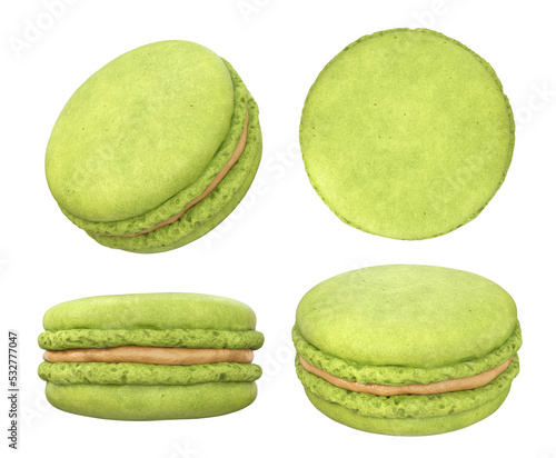 A set of green macaroons from different angles on the side, top, front on a white background, 3d render