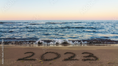 Summer vacation on sea beach in 2023. Travel template
