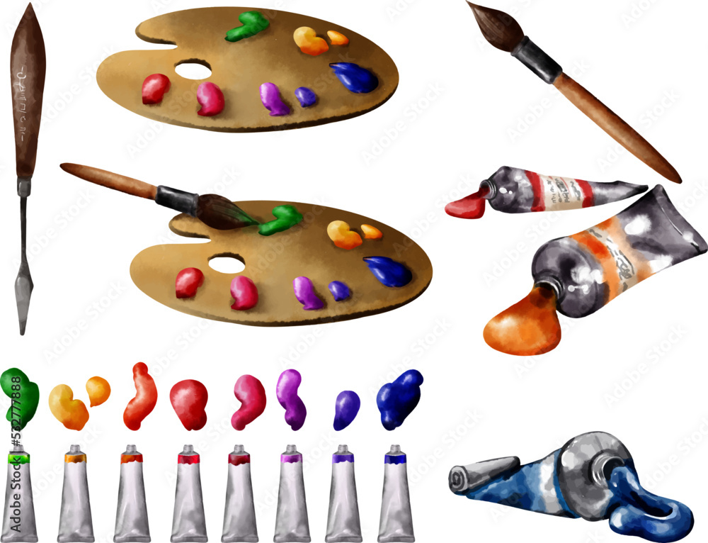 Objects for oil painting, oil paints, hand palette. Watercolor vector