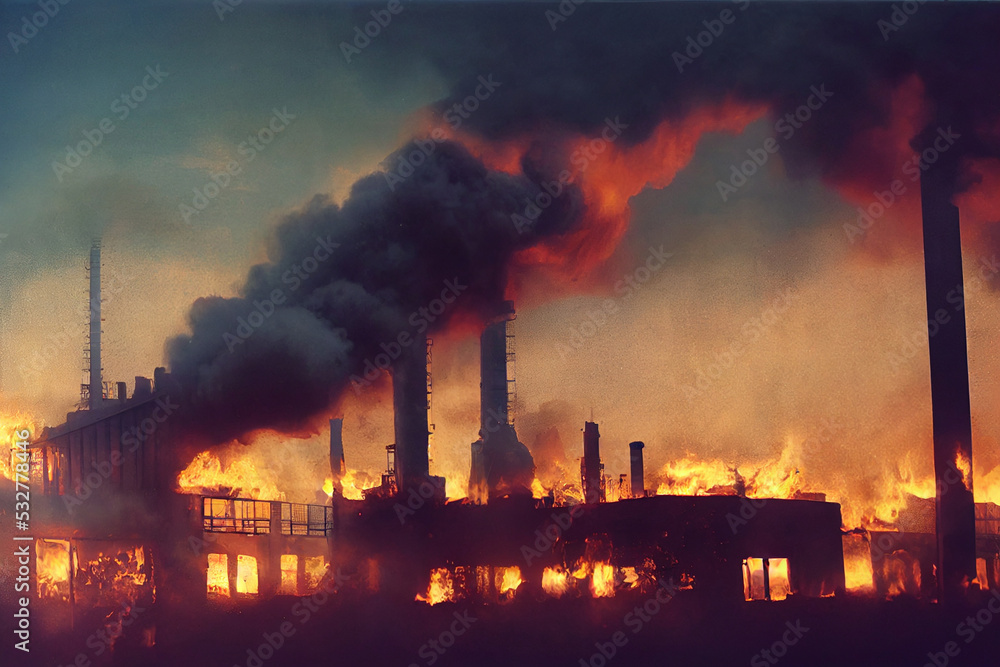 Fire in a factory. Burning industrial area.