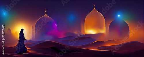Obraz na plátně magical Arabian night in the desert with glowing lights, silhouettes of a woman