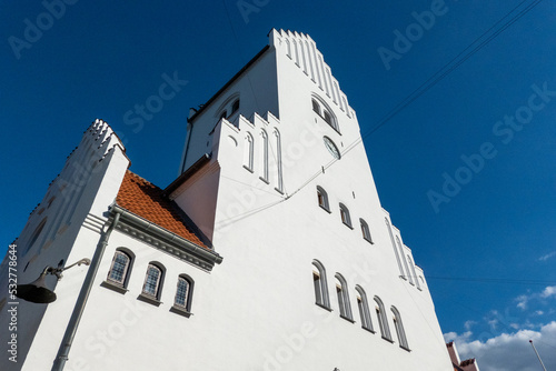 Copenhagen, Denmark  The facade and details of the Filips Kirke on Kstrupvej in the afternoon sun. photo