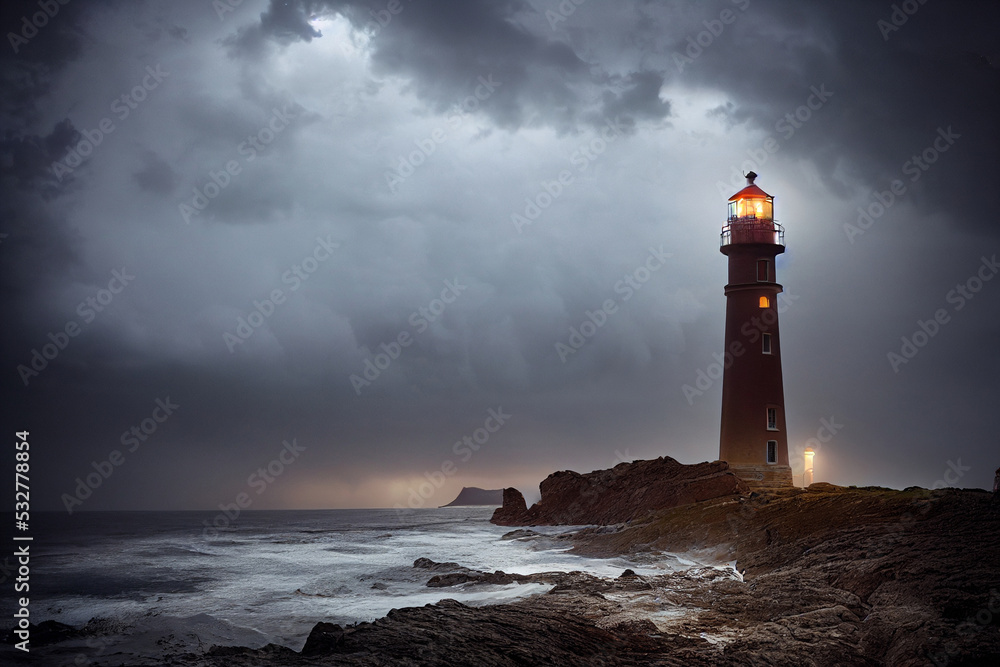 Lighthouse tower in cloudy night