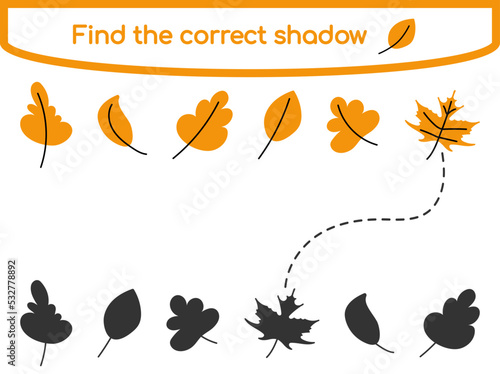 Find the correct shadow. Kids educational game. Cute simple autumn leaves in different shapes. Vector illustration in flat cartoon style for childrens books and magazines