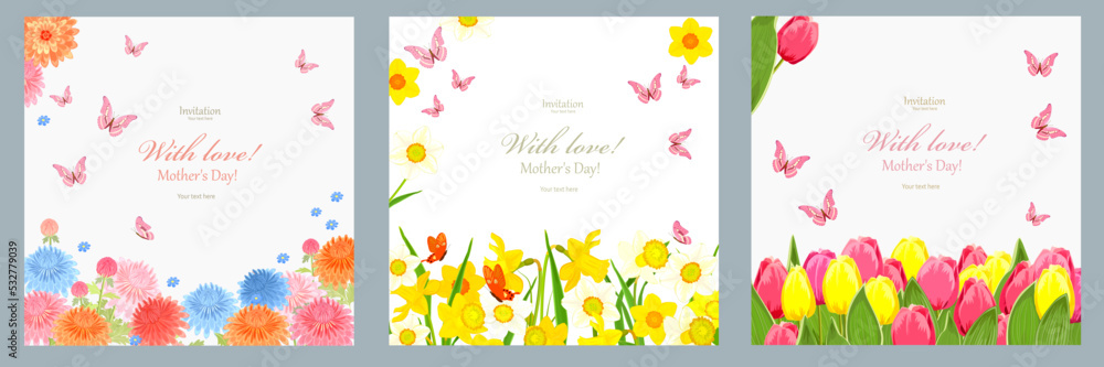 Collection of cards with borders of flowers. Mother day with fly