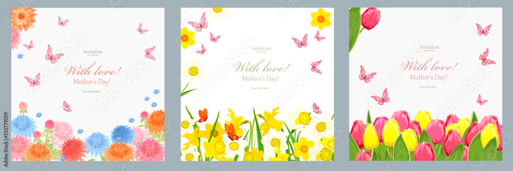 Collection of cards with borders of flowers. Mother day with fly Collection of cards with borders of flowers. Mother day with fly