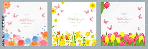 Collection of cards with borders of flowers. Mother day with fly