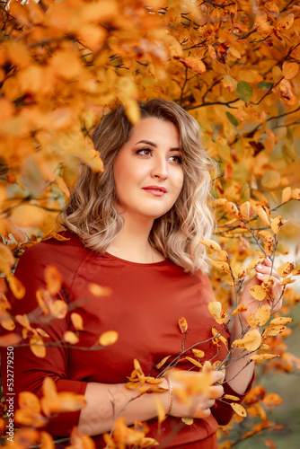 Portrait of a beautiful woman in autumn leaves