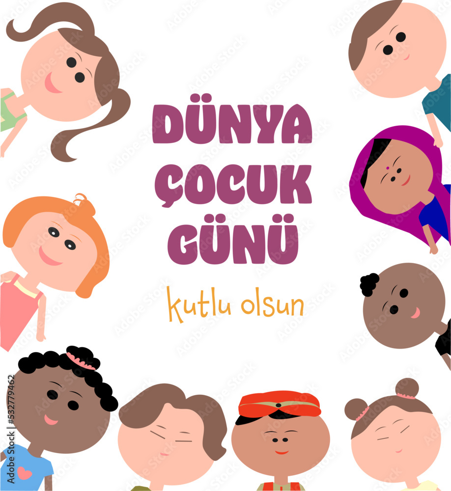 Dünya Çocuk Günü Kutlu Olsun text. Translate: Happy Children's Day. Vertical cartoon vector design can be used as social media post, website banner, poster, brochure, greeting card concept ideas. Dünya Çocuk Günü Kutlu Olsun text. Translate: Happy Children's Day. Vertical cartoon vector design can be used as social media post, website banner, poster, brochure, greeting card concept ideas.