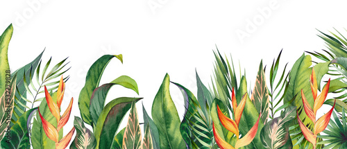 Tropical horizontal border with heliconia flowers and palm leaves. Watercolor illustration on white background. photo