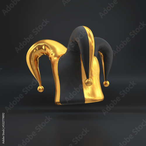 Obraz na płótnie Black and gold jester hat floating on a black background, 3d render