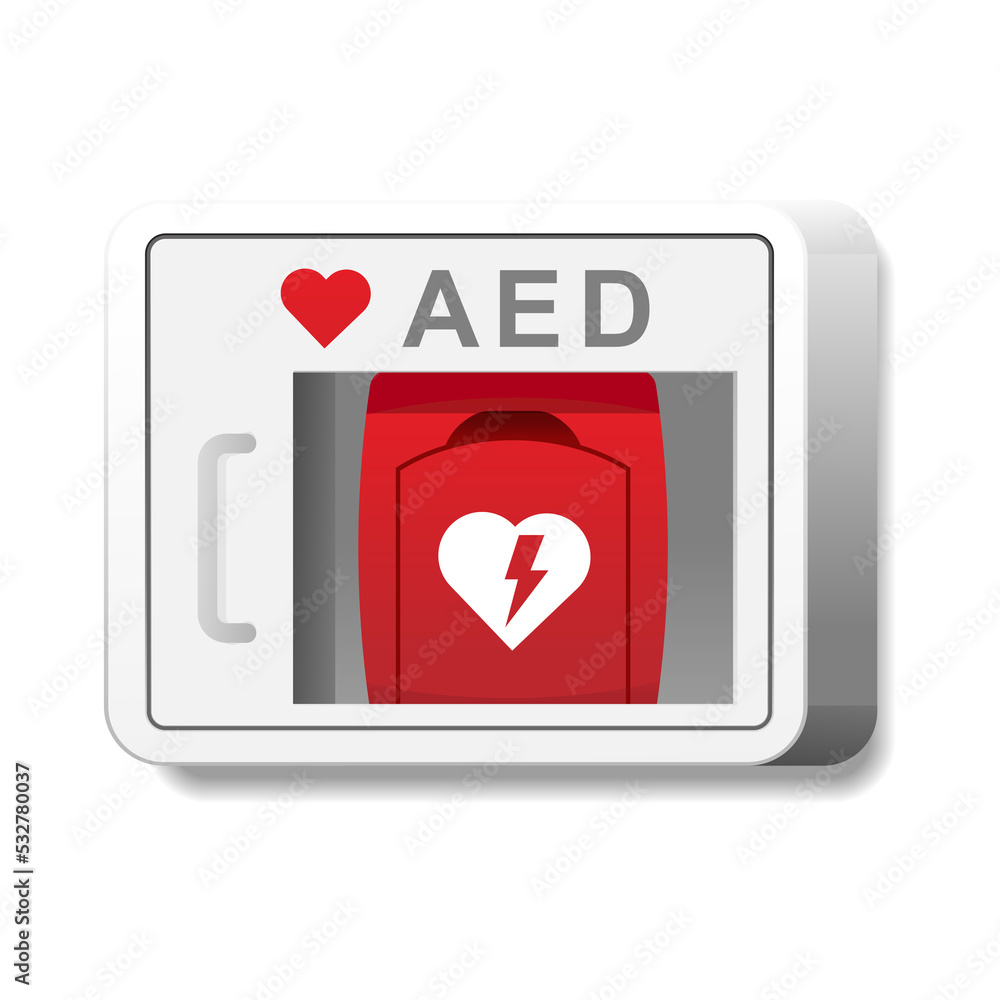 Automated External Defibrillator (AED) in white box on the wall Is an