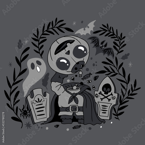 Beautiful background, headless horseman, pumpkin with sweets, ghost