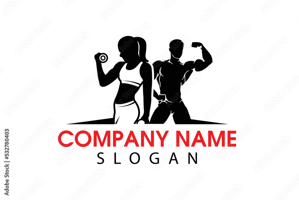 Fitness club logo or emblem with woman and man silhouettes. Woman and Man holds dumbbells.