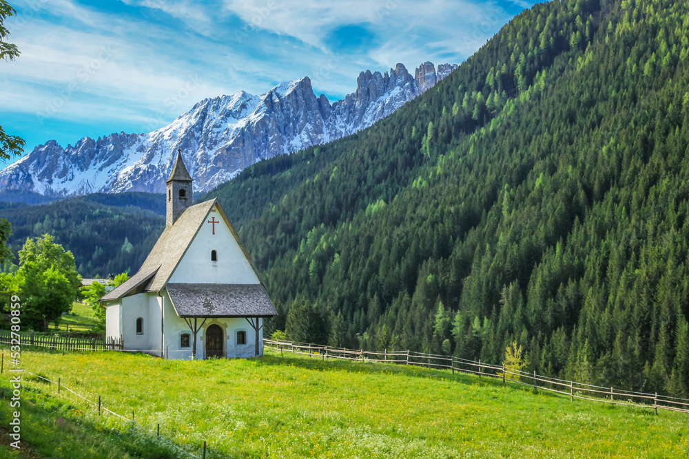 Alpine Church, chapel in Dolomites alps near Bolzano, Italy