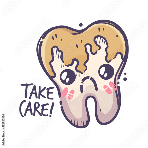 Teeth care treatment collection. Dental medicine theme for posters, books, leaflets, stickers. Tooth illustration with cute emotion. Vector hand drawn style.