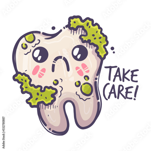 Teeth care treatment collection. Dental medicine theme for posters, books, leaflets, stickers. Tooth illustration with cute emotion. Vector hand drawn style.