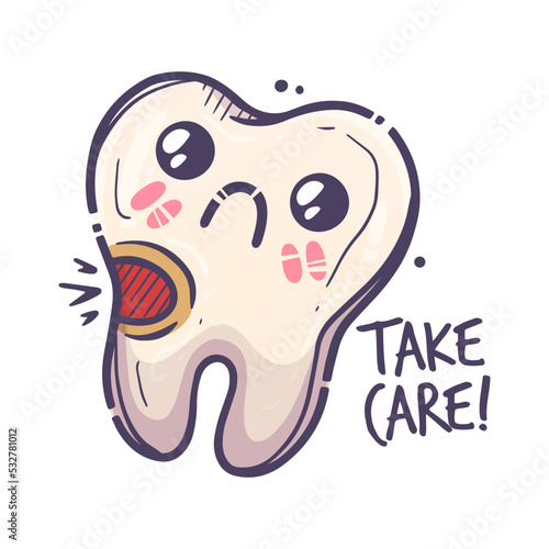 Teeth care treatment collection. Dental medicine theme for posters, books, leaflets, stickers. Tooth illustration with cute emotion. Vector hand drawn style.