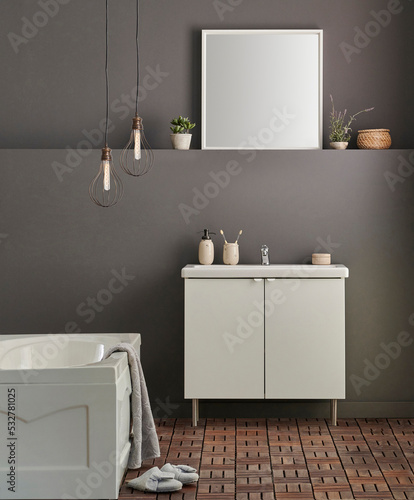 Modern bath room cabinet, sink, mirror and tub style grey wall background, vase of plant, laundry, towel and wooden stairs decorations.