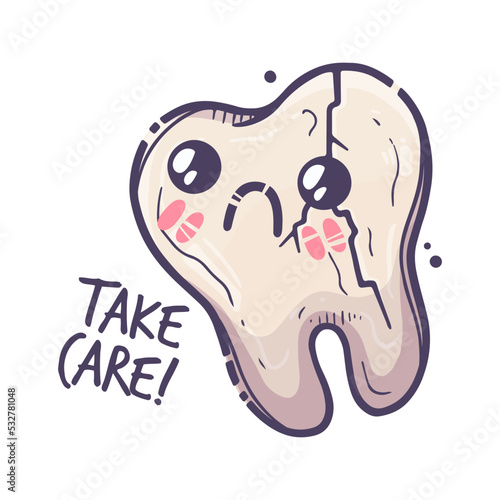 Teeth care treatment collection. Dental medicine theme for posters, books, leaflets, stickers. Tooth illustration with cute emotion. Vector hand drawn style.