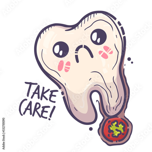 Teeth care treatment collection. Dental medicine theme for posters, books, leaflets, stickers. Tooth illustration with cute emotion. Vector hand drawn style.