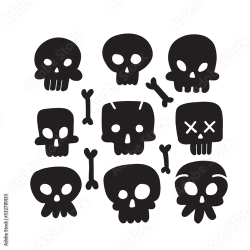 Hand drawn simple black Skull icon set