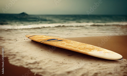 Surfboard on beach. Seascape of summer beach with sea and sky background. photo