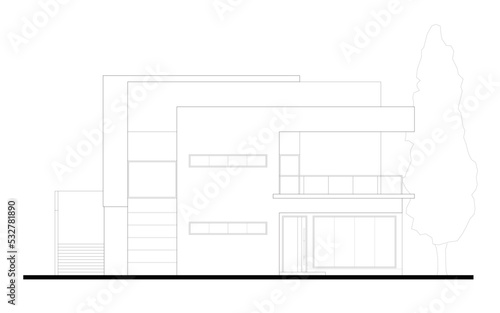 Illustration of the front facade of a two story bungalow with a modern design drawn using CAD. Drawn in black and white.