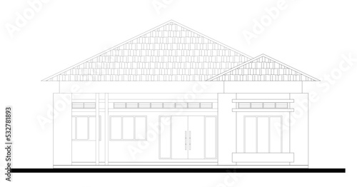 Illustration of the front façade of a one-story bungalow with a modern design drawn using CAD. Drawn in black and white.