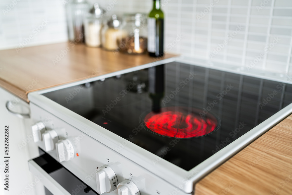 Stove and cooker red hot. Induction, ceramic cooktop, electric stovetop