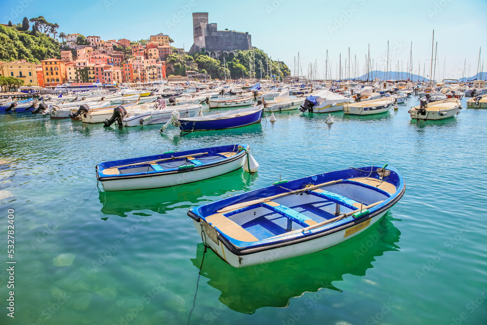 Lerici bay and marina with sailboats, Cinque Terre, Liguria, Italy with boats