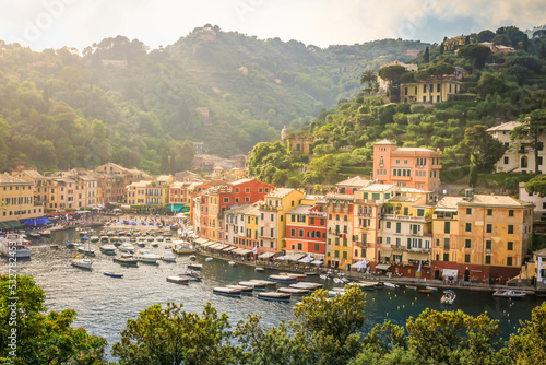 Murais de parede Above Portofino with houses, luxury boats and yacht, bay harbor