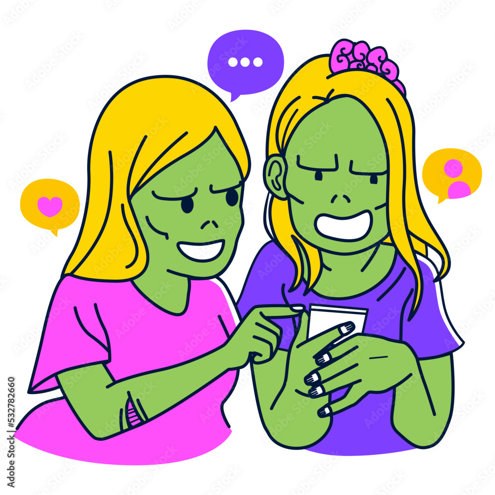 Two zombie girl friends chatting and using smartphone. Women checking social media gossip concept Two zombie girl friends chatting and using smartphone. Women checking social media gossip concept