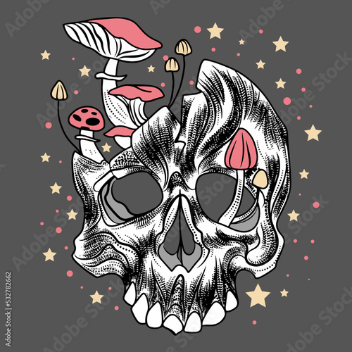 Skull with mushrooms, decoration for a banner