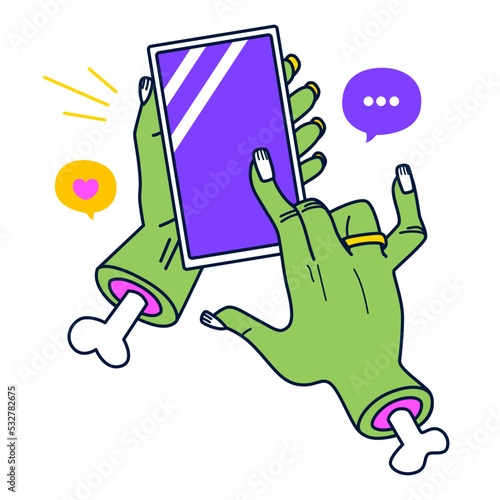 Vector flat illustration of female green zombie hands hold smart phone mobile device, blank screen mockup. Halloween clip art isolated on white background