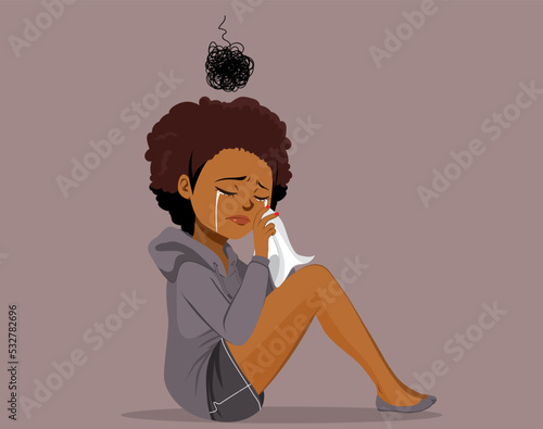 Vector illustration of sad crying woman having dark depressive thought. Depressed person feeling bad having a negative state of mind 