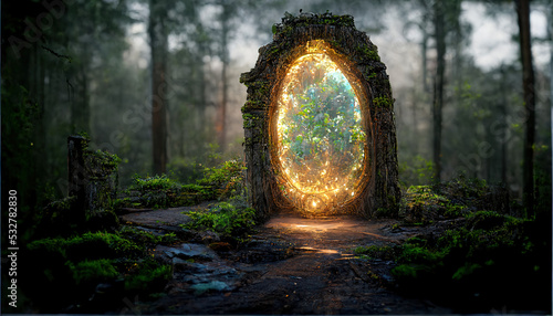Foto Spectacular fantasy scene with a portal archway covered in creepers