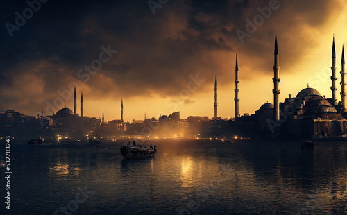 Sunset over Istanbul Silhouette, Turkey.