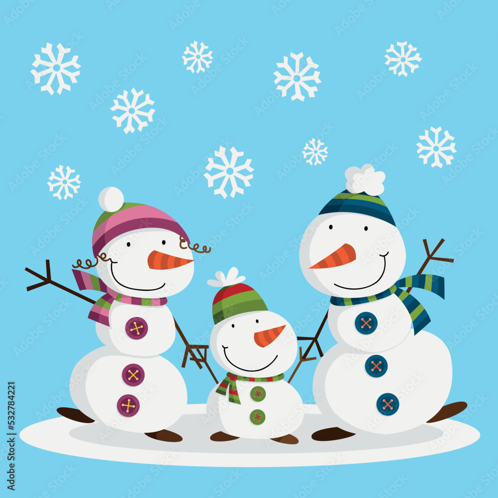 Funny snow family, winter illustration