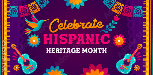Hispanic heritage month, Vector web banner, poster, card for social media, networks. Greeting Hispanic heritage month editable text, Huichol traditional background, ornament perforated paper photo