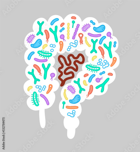 Human microbiome illustration with intestines and bacteria Vector picture. Gastroenterologist. Bifidobacteria, lactobacilli. Lactic acid bacteria.