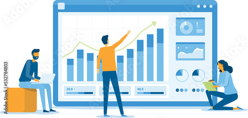business team working analytics and monitoring research on web report dashboard monitor and business finance investment concept