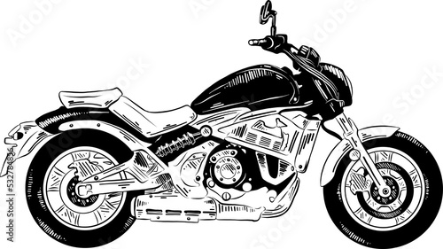 PNG engraved style illustration for posters, decoration and print. Hand drawn sketch of motorcyrcle in black isolated on white background. Detailed vintage etching style drawing.	
 photo