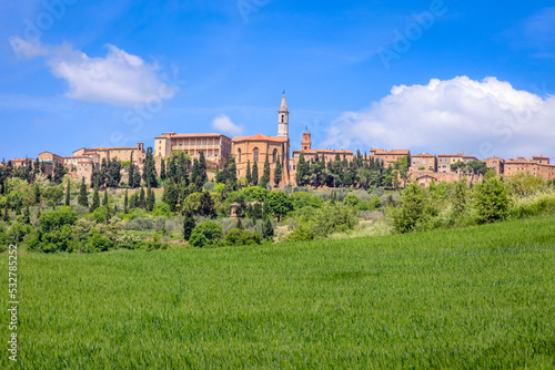 Landscape in Tuscany with the small town of Pienza in the background