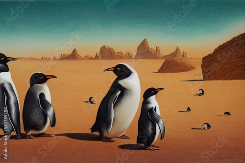 group of penguins in desert photo