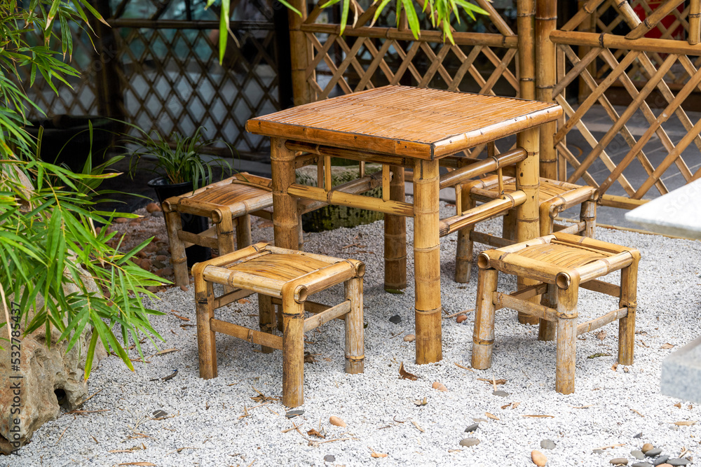 Bamboo table and chairs in Japanese garden Stock Photo | Adobe Stock