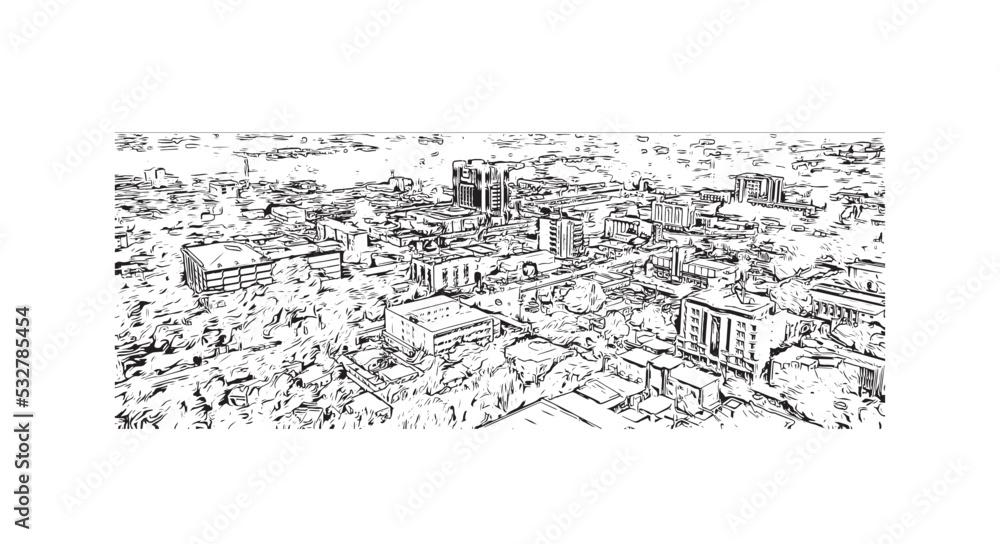 Obraz premium Building view with landmark of Ouagadougou is the capital in Burkina Faso. Hand drawn sketch illustration in vector.
