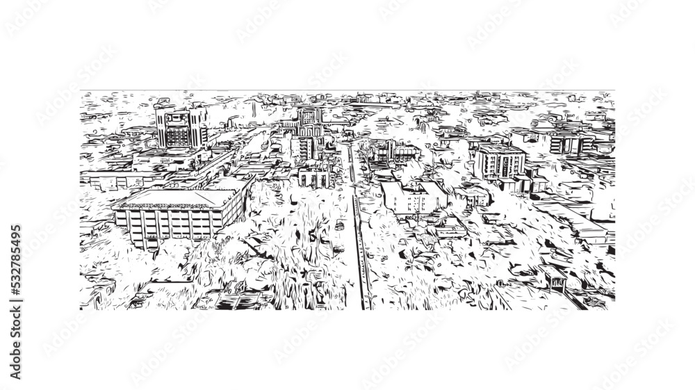Obraz premium Building view with landmark of Ouagadougou is the capital in Burkina Faso. Hand drawn sketch illustration in vector.