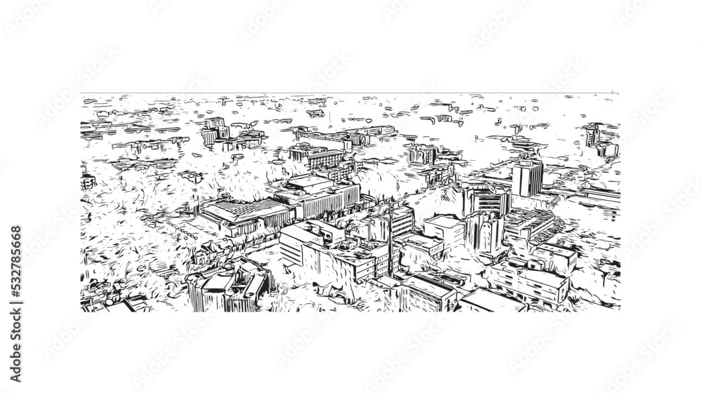 Building view with landmark of Ouagadougou is the capital in Burkina Faso. Hand drawn sketch illustration in vector.
