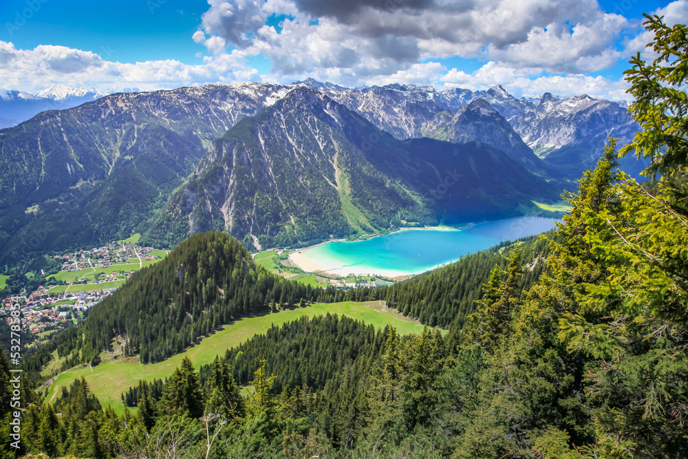 Above Achensee, turquoise lake, and Pertisau from Rofan in Tyrol, Austria